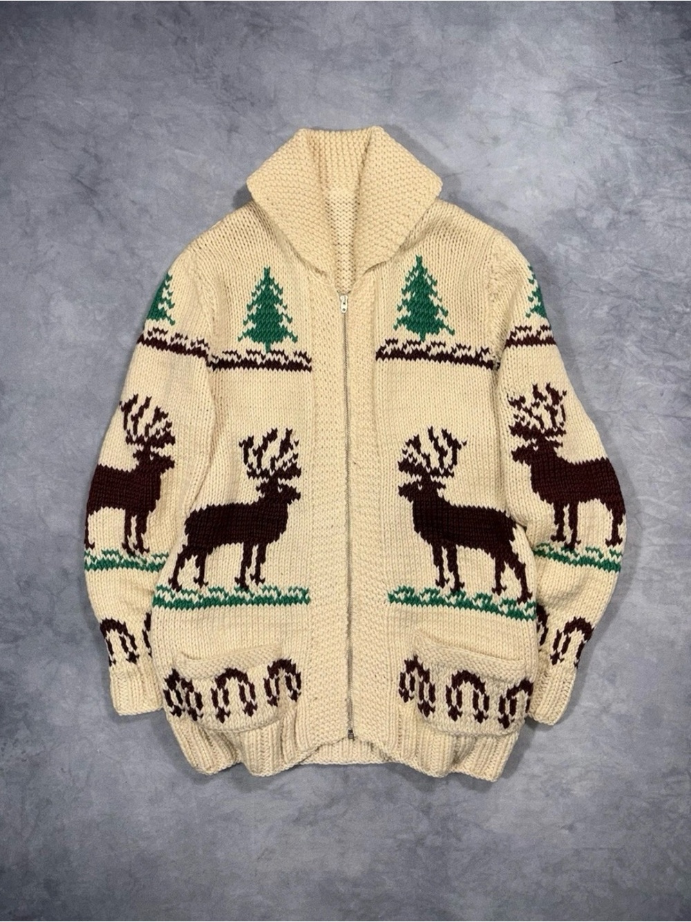 Original Cowichan Sweater Vintage Post WW2 50s Moose Chunky Knitted Zip Sweater